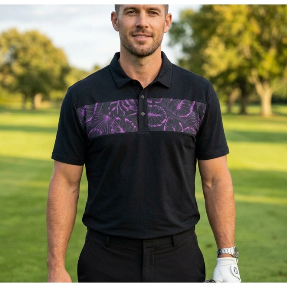 2UNDR Mens Golf Polo Shirt XL Black Purple Tropical‎ Leaf Stripe Cotton